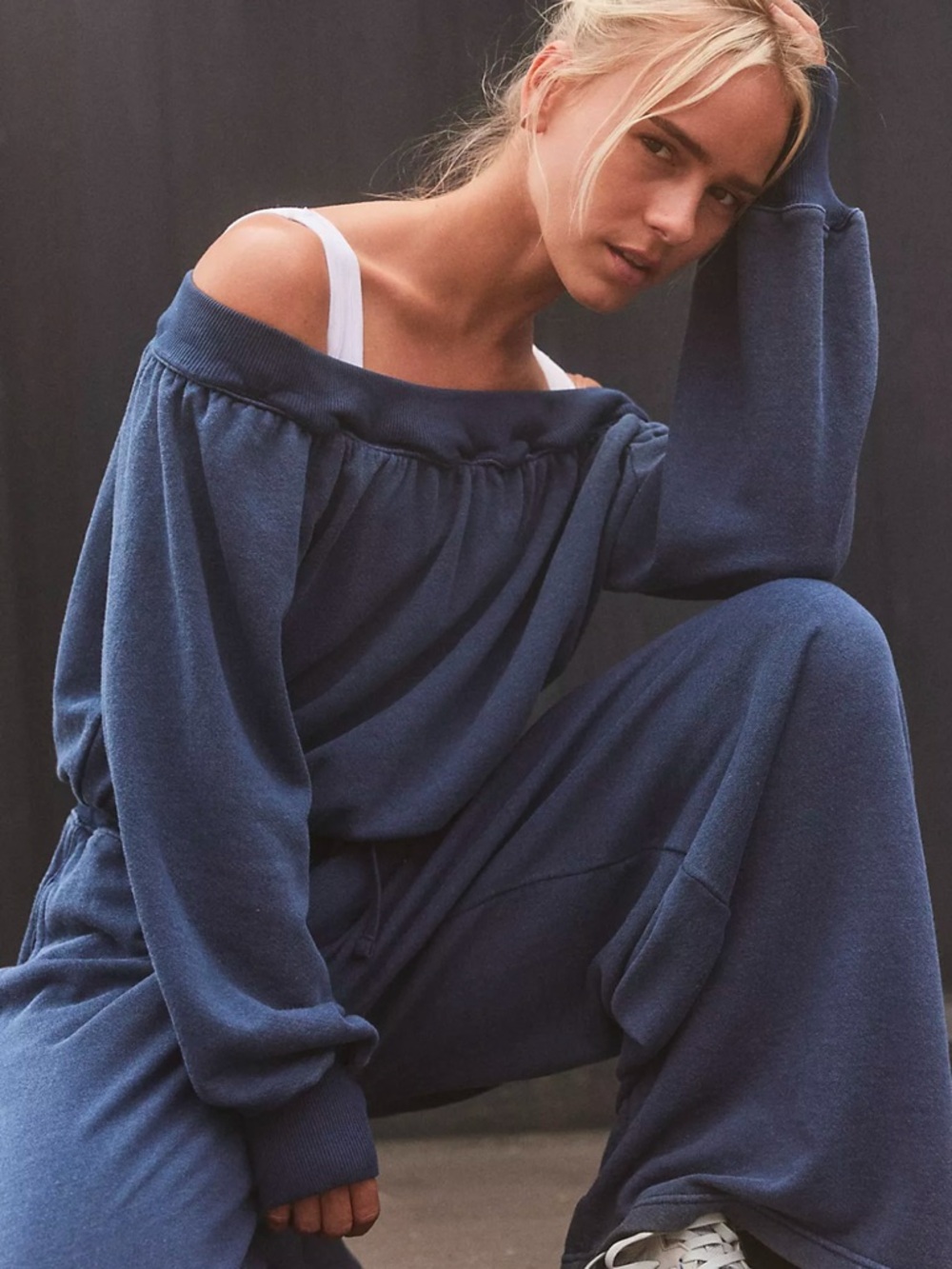 Free People one to beat onesie Off-Shoulder Navy Blue Jumpsuit